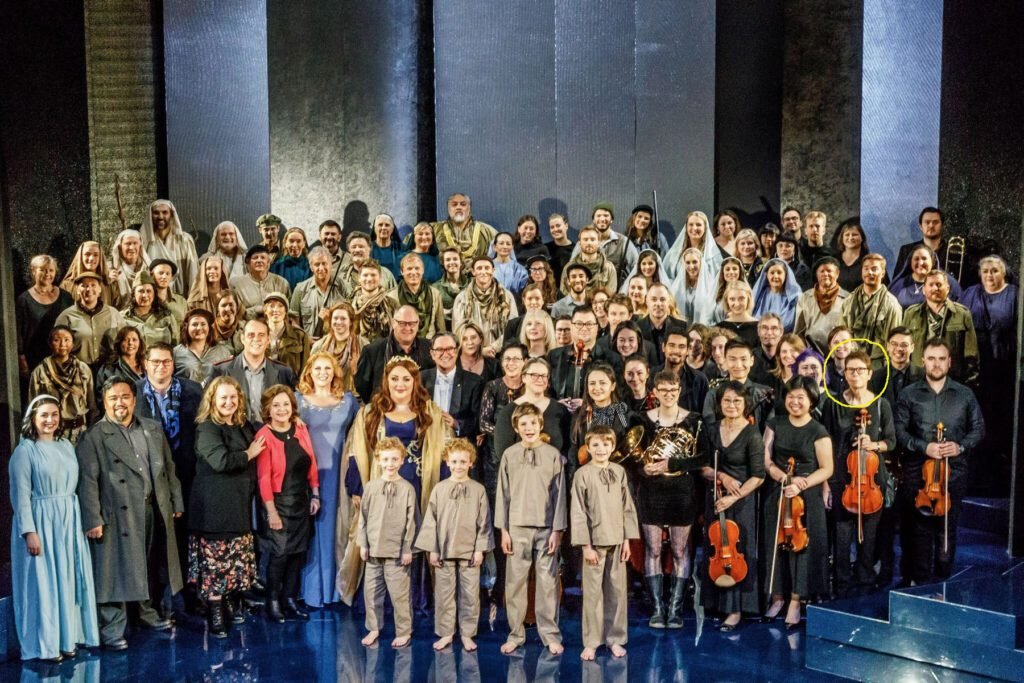 Cast and orchestra on stage after final performance of Bellini's opera, 'Norma' with Melbourne Opera