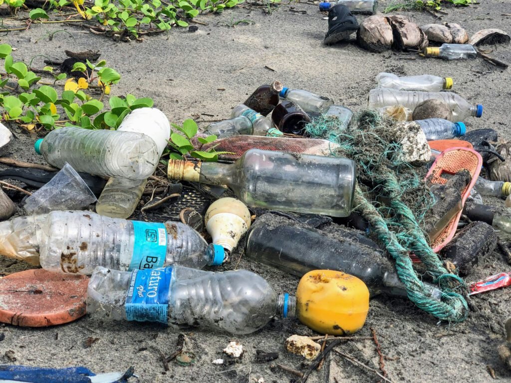 Non-biodegradable rubbish polluting our beaches and oceans.