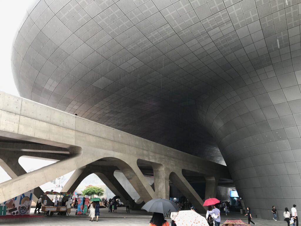 Impressive curved buildings are a feature of the Dongdaemun Design Plaza.