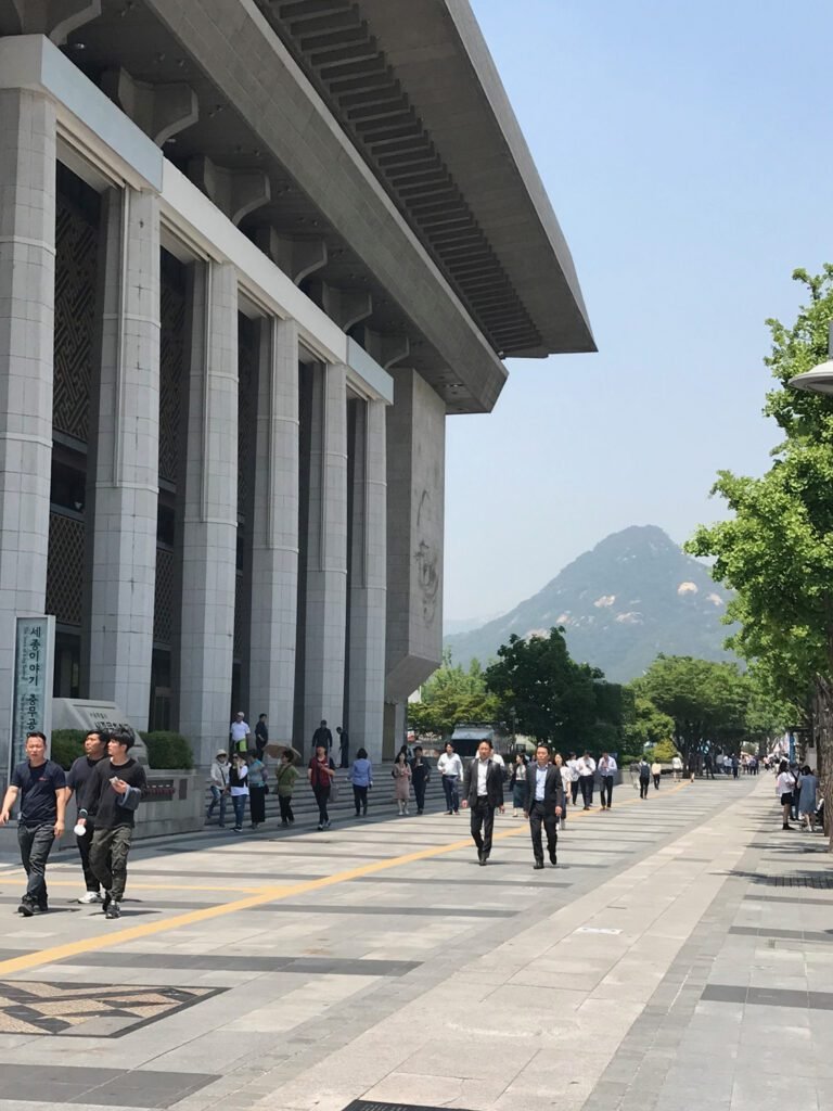 Sejong Performing Arts Centre, Seoul. Mount Ingwansan can be seen rising up in the background.