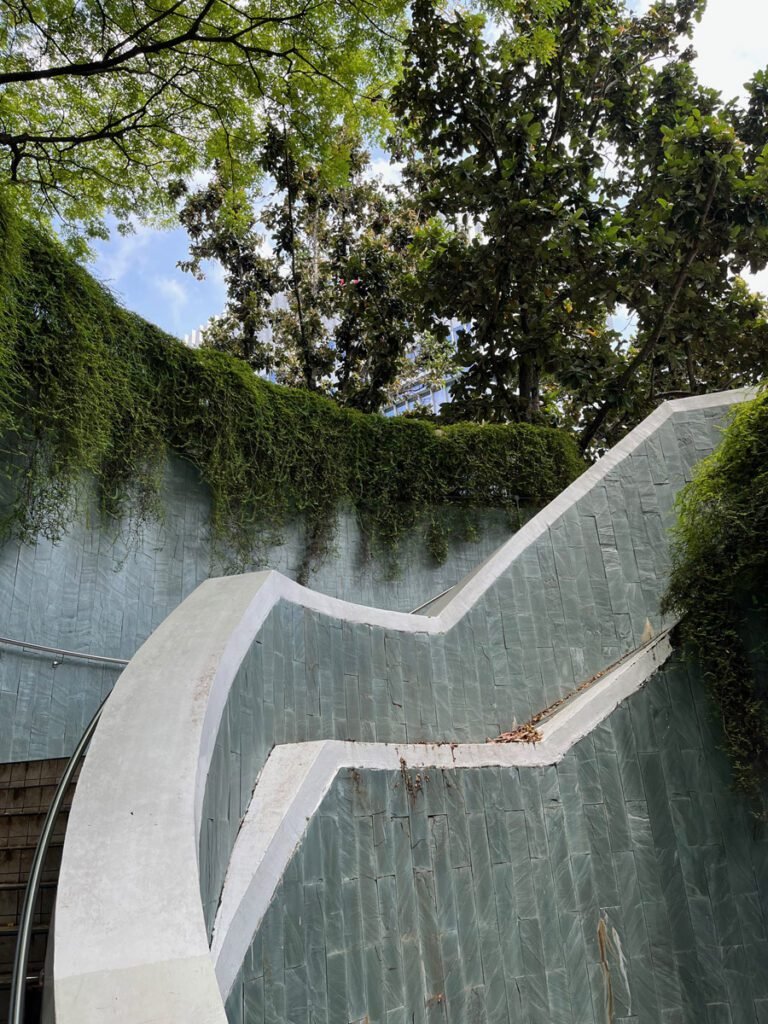 View up the Tree Tunnel at Fort Canning Park. People pose on the balustrade to take their Instagram shots.