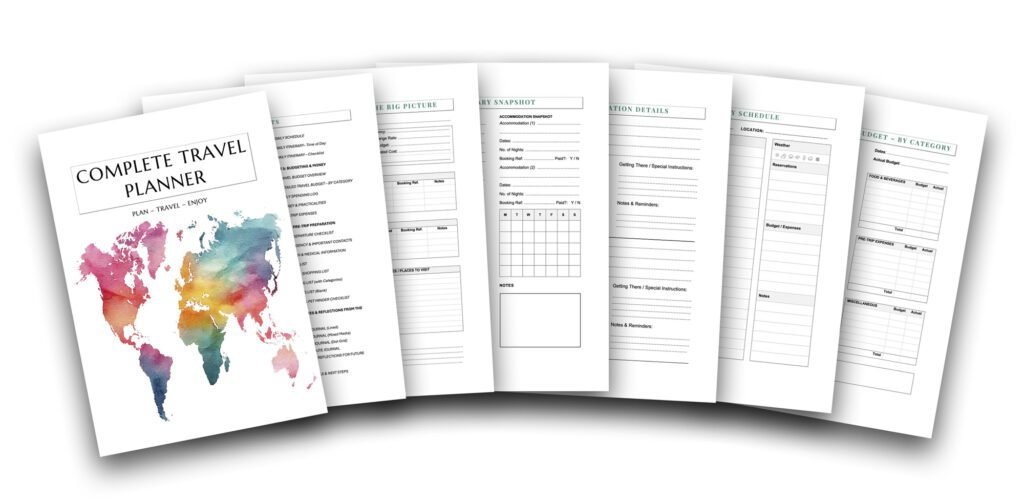 Complete Travel Planner printable PDF with itinerary, budget, and planning pages. 40+ travel planner pages.