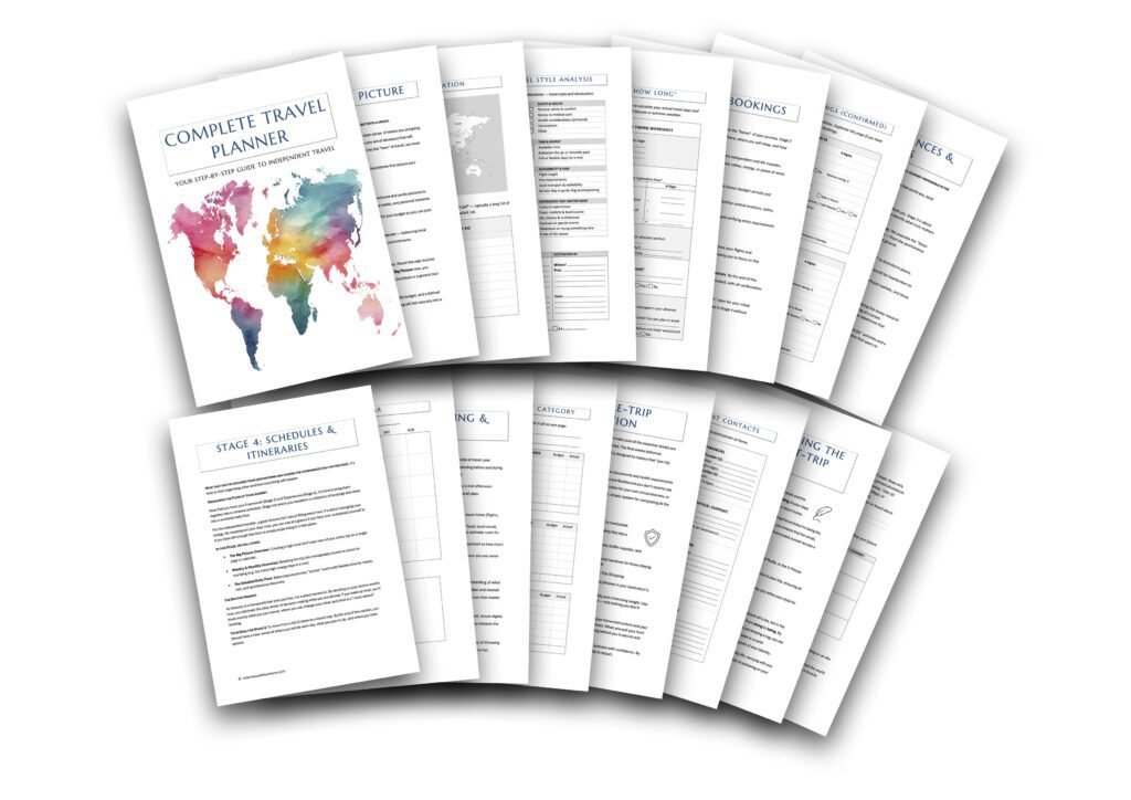 Complete Travel Planner printable PDF with itinerary, budget, and planning pages. Digital download. How to plan your independent travel itinerary.